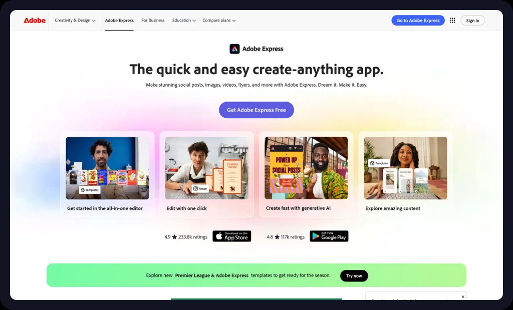 Screenshot of Adobe Express homepage