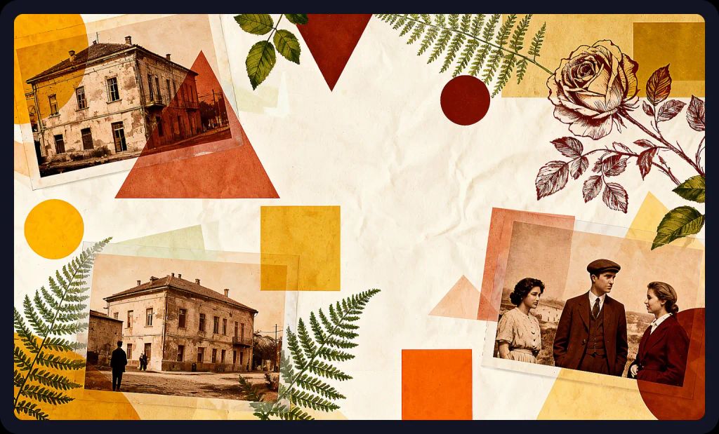 Vintage photos and botanical illustrations in a layered collage; a unique AI art prompt.