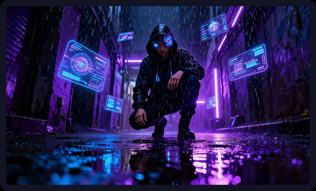 Hacker with neon implants in a rain-soaked alley; a gritty cyberpunk prompt for AI art.