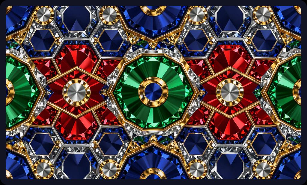 Interlocking hexagons and circles in jewel tones; a seamless pattern AI art prompt.