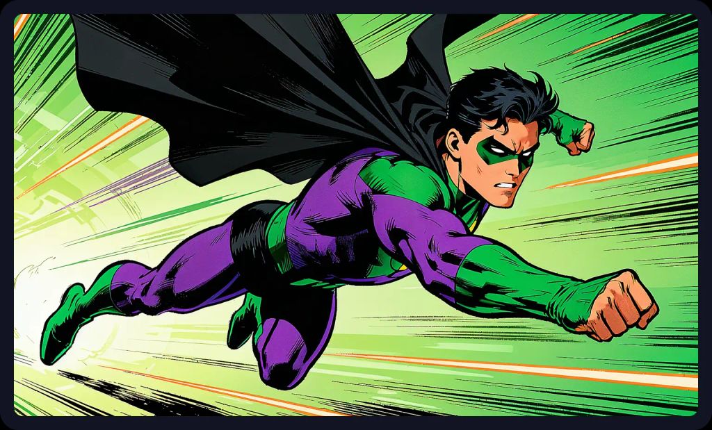 Superhero in flight with motion lines; a dynamic comic book panel prompt for AI art.