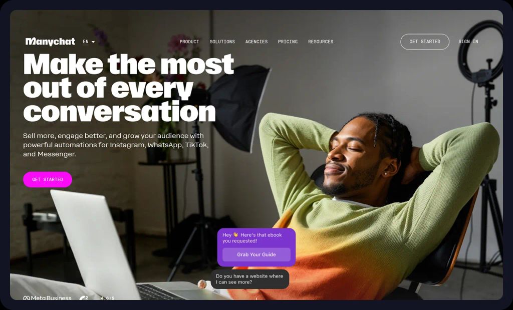 Screenshot of Manychat homepage