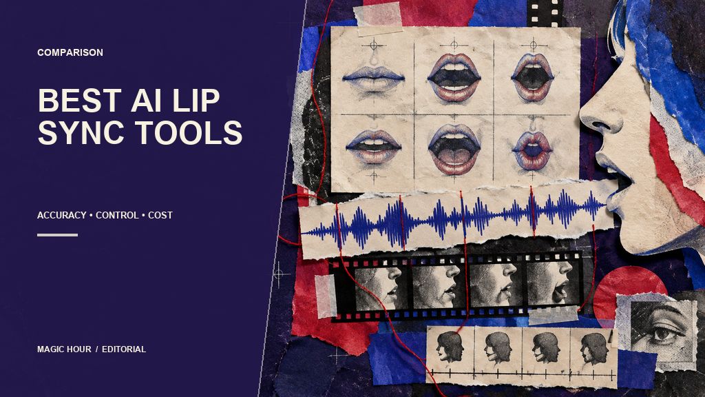 Magic Hour editorial collage comparing AI lip sync with phoneme drawings and a speech waveform