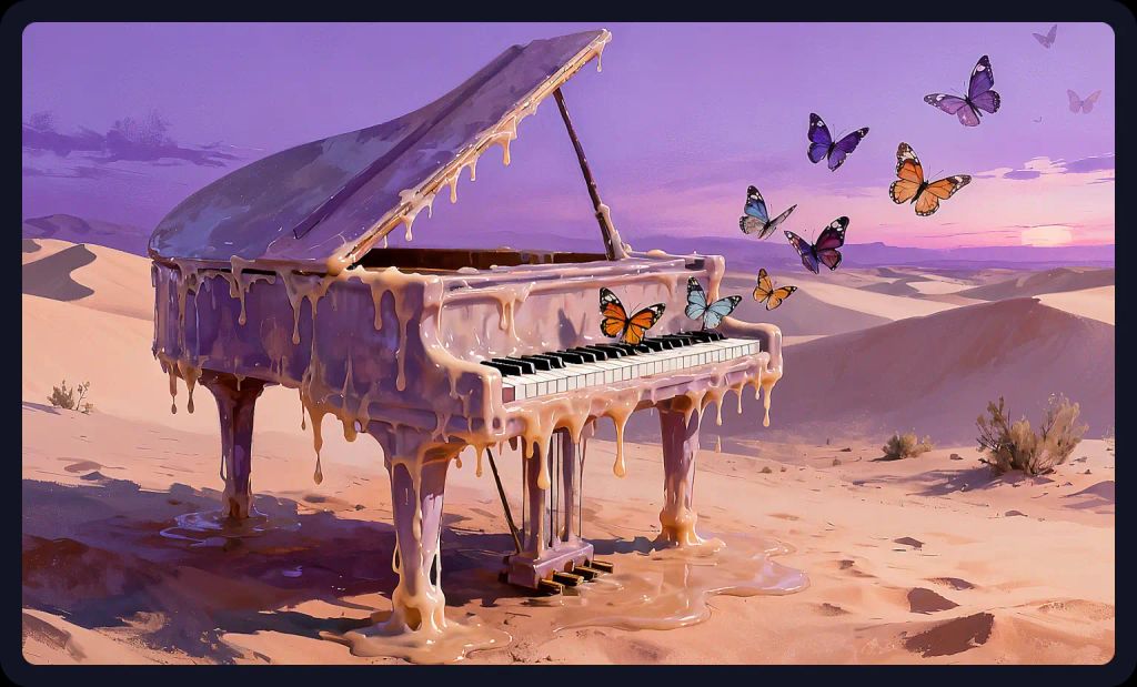 Melting piano with butterflies in a desert landscape; a surrealist prompt for AI art.