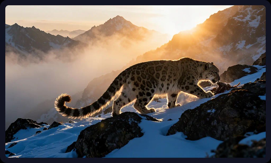Snow leopard stalking through mountain mist; a photorealistic wildlife prompt for AI art.
