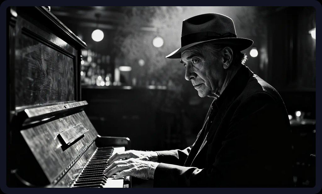 Jazz musician with weathered features in a dim club; a character portrait prompt for AI art.