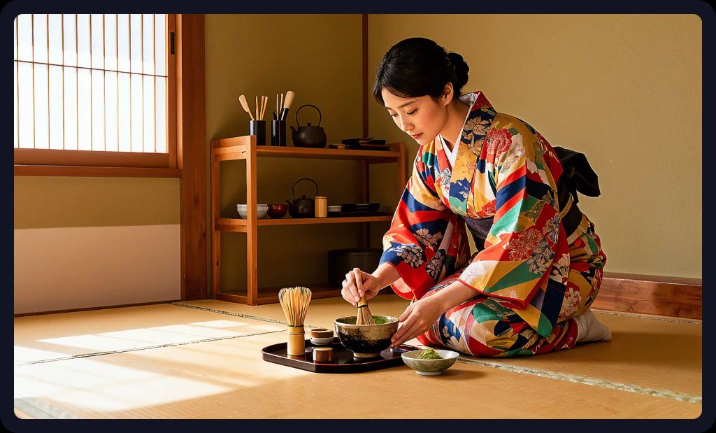 Japanese tea ceremony with traditional kimono; an authentic cultural scene prompt for AI art.