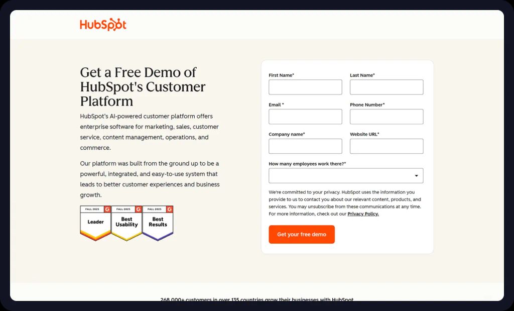 Screenshot of Hubspot homepage