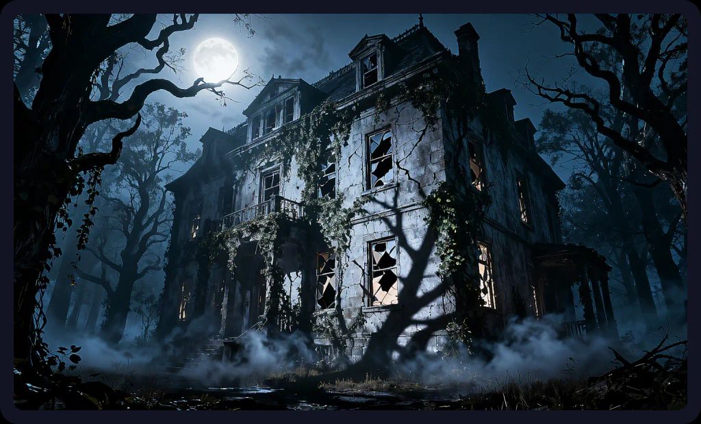 Abandoned Victorian mansion in a foggy forest; a chilling horror scene prompt for AI art.