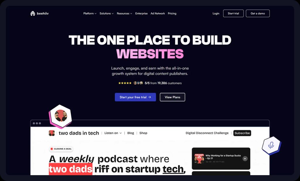 Screenshoft of Beehiiv homepage