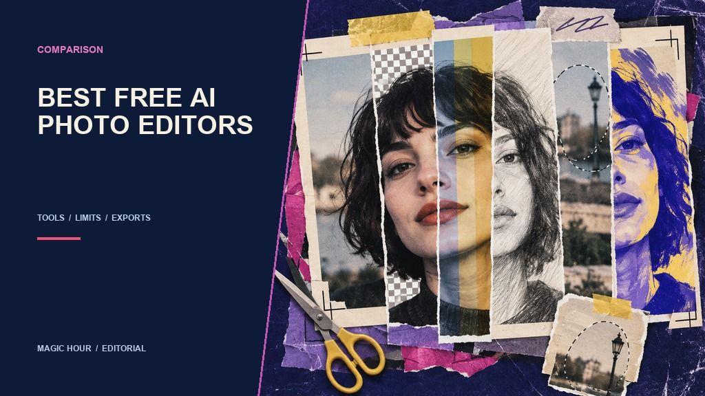 Handmade editorial collage comparing free AI photo editors through multiple image treatments and crop tools
