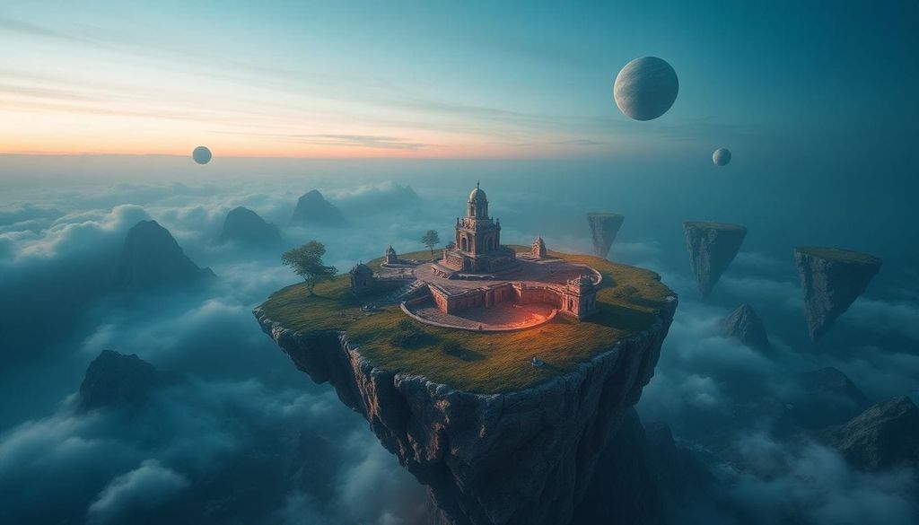 AI-generated image of a castle floating on an island in the sky in a surrealism art style.