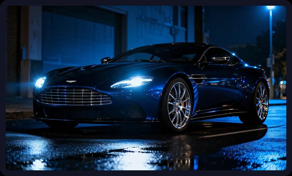 Sleek sports car with chrome accents in a night cityscape; a dynamic vehicle prompt for AI art.