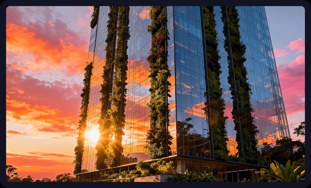 Glass skyscraper with vertical gardens at sunset; an architectural rendering prompt for AI art.