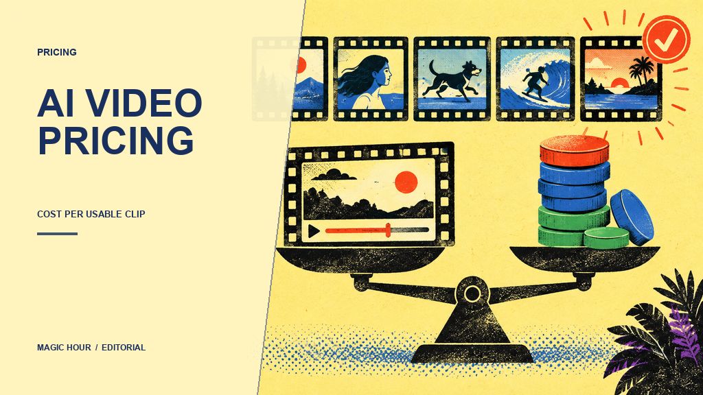 Screenprint illustration weighing AI video clips against generation credits to compare usable output cost