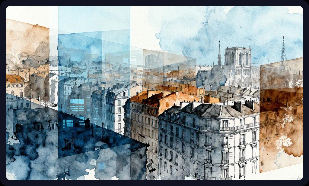 Cityscape blending watercolor and digital collage; a textured mixed media prompt for AI art.