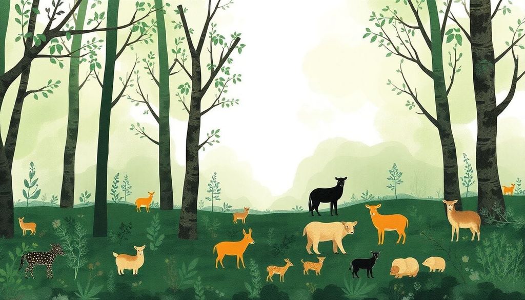 AI-generated image of animals in a forest in an eco-conscious art style.