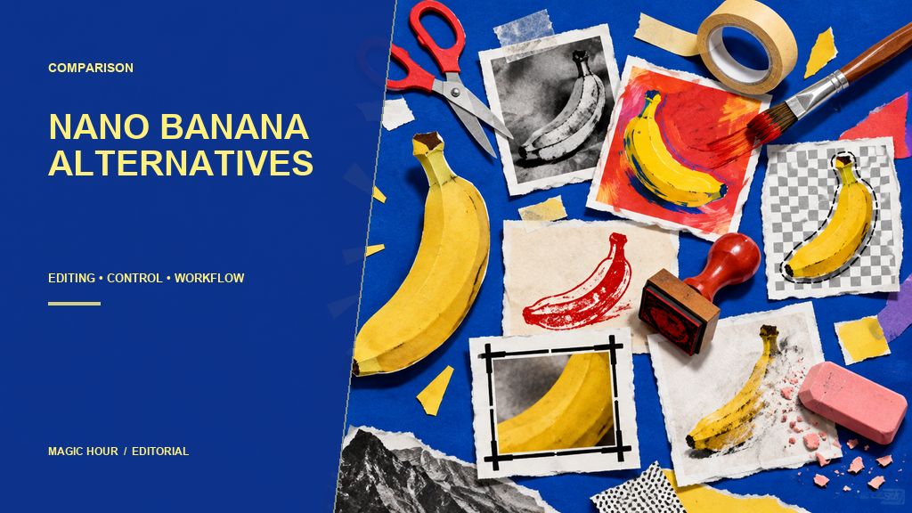 Handmade collage of image-editing tools and banana artwork for a Nano Banana alternatives comparison
