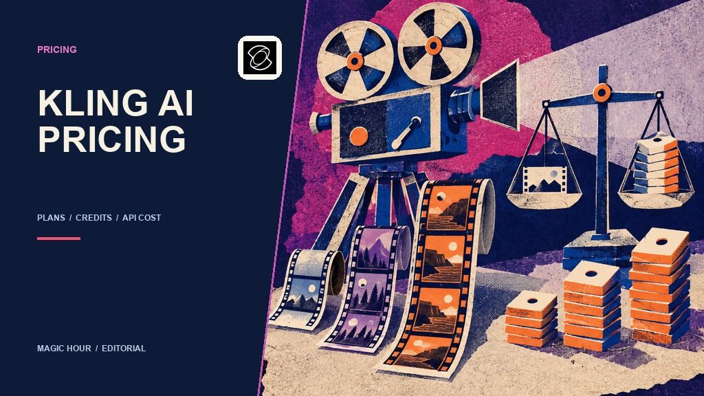 Screenprint illustration of Kling AI video pricing with film reels, credits, and a cost balance