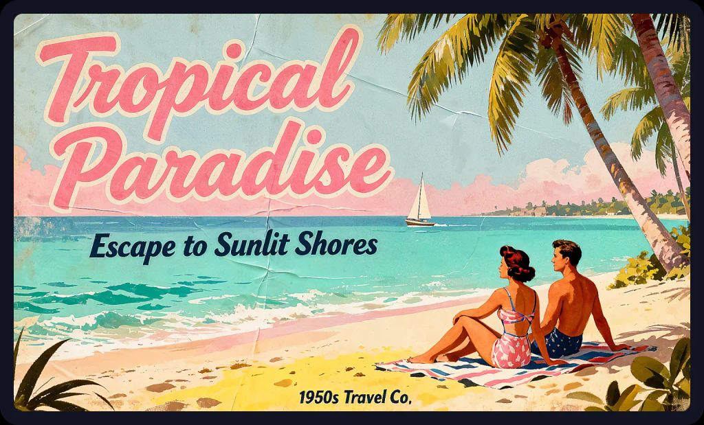 1950s tropical beach travel poster with retro textures; a vintage style prompt for AI art.