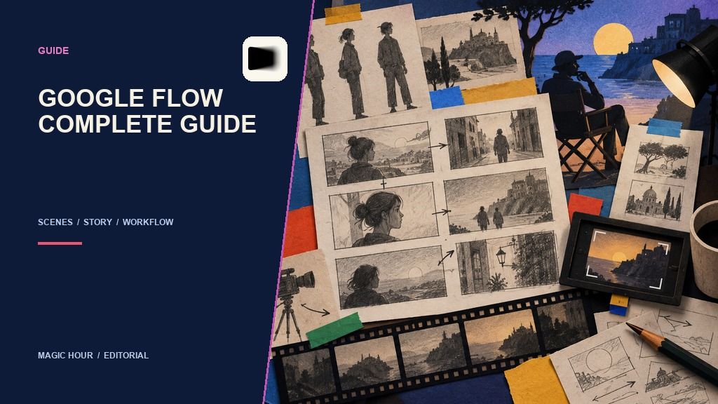 Handmade filmmaker storyboard desk illustrating the Google Flow scene-building workflow