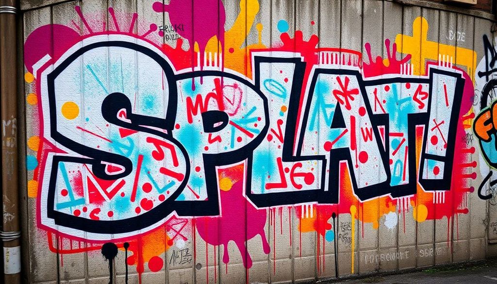 AI-generated image of the word “splat” on a wall in a street art style.