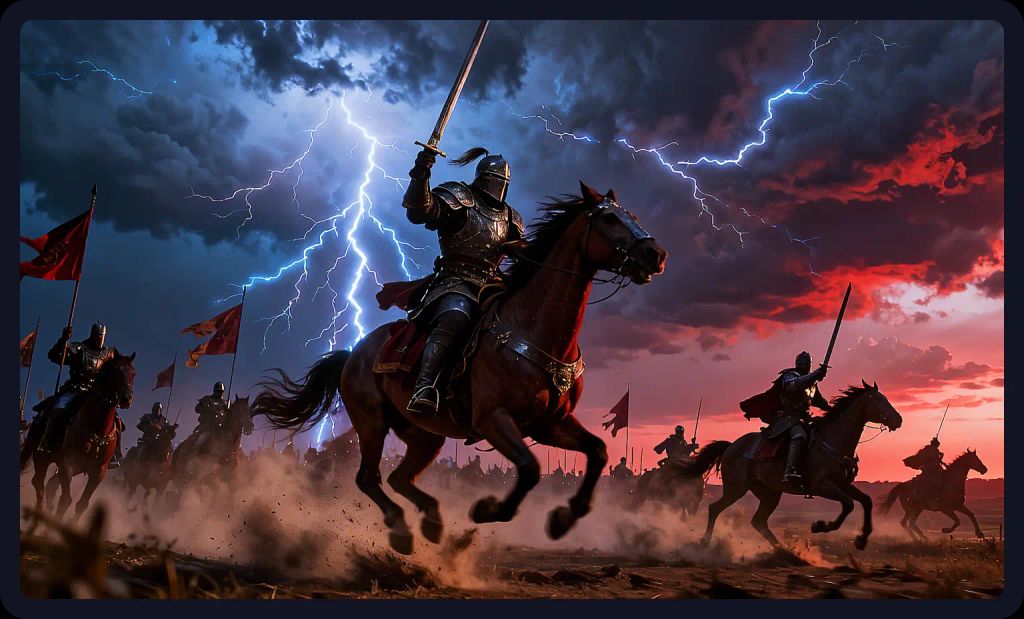Warriors charging under a lightning storm; an epic battle scene prompt for AI art.