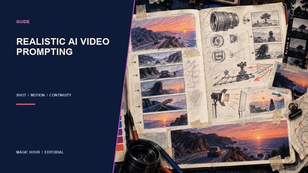 Cinematographer notebook illustrating realistic AI video prompting with shots, lenses, movement, and continuity