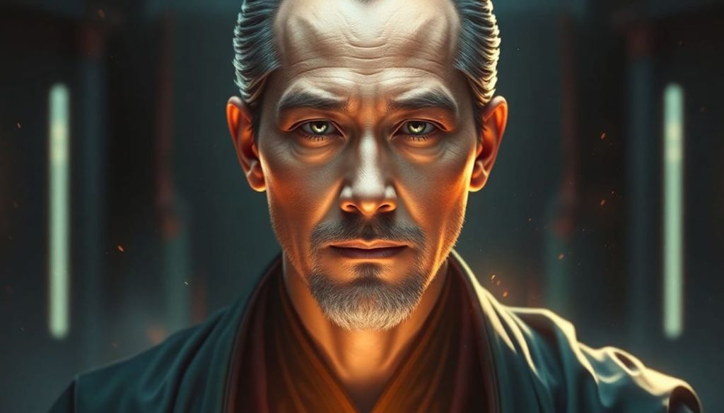 AI-generated image of a man in a neo-classicism with AI twists art style.