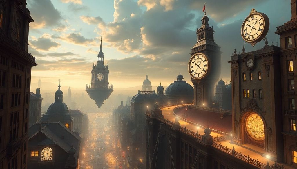 AI-generated image of a city with giant clocks in a photomanipulation art style.