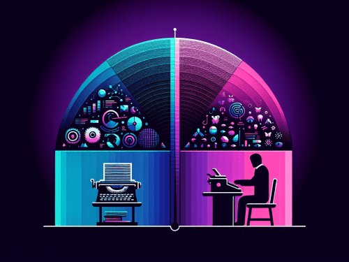 Split-screen image showing a creator using AI tools on one side and filming authentic content on the other, symbolizing creative balance
