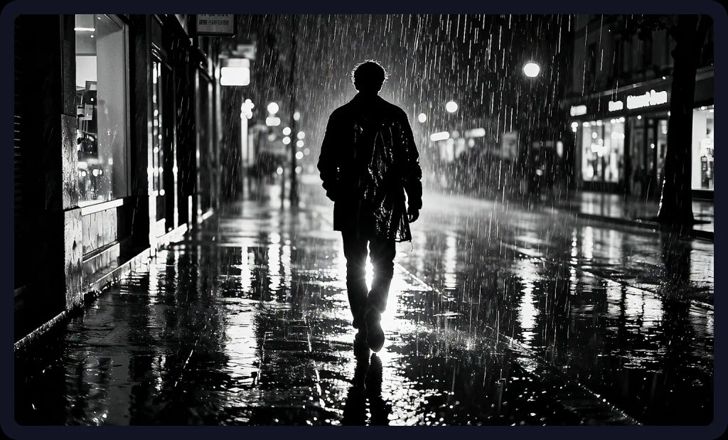 Lone figure in the rain with dramatic shadows; a black and white street prompt for AI art.