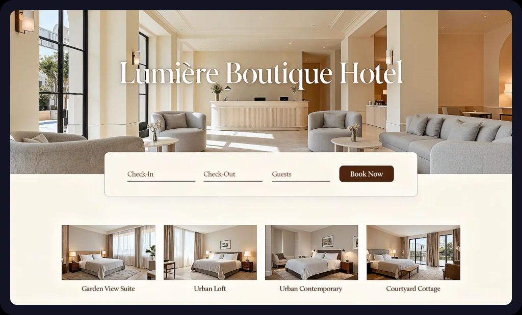 Boutique hotel website mockup with minimalist layout; a UI design prompt for AI art.