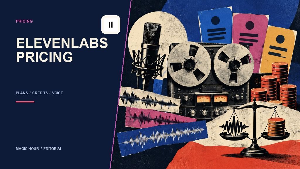Editorial audio studio illustration comparing ElevenLabs plans, voice credits, and cost