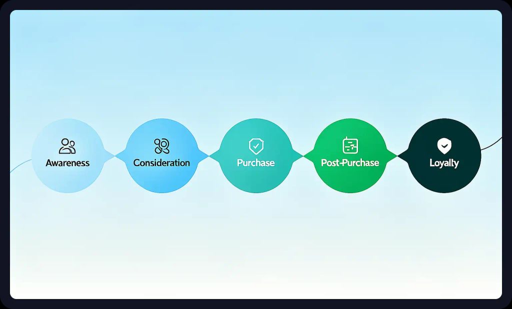 Customer journey infographic with circular nodes; a data visualization prompt for AI art.