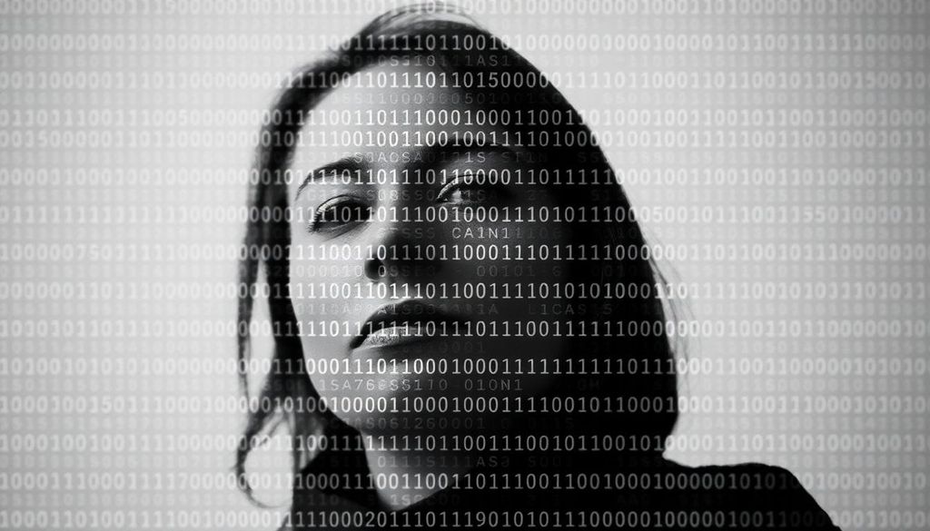 AI-generated image of a woman with an ASCII art overlay.