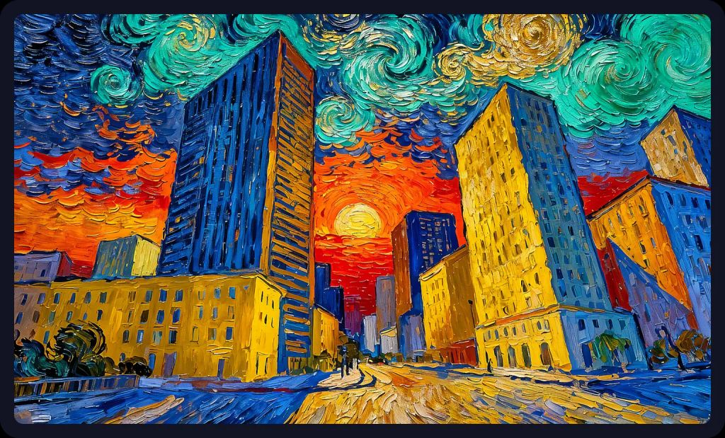 Van Gogh style city skyline with swirling brushstrokes; a famous artist AI art prompt.