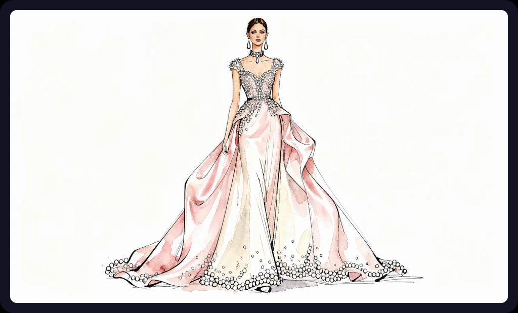 Silk evening gown illustration with fine line work; a fashion design prompt for AI art.