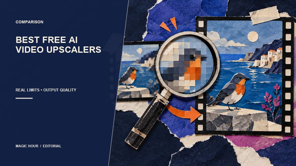Magic Hour editorial paper collage comparing pixelated and detailed AI video upscaling