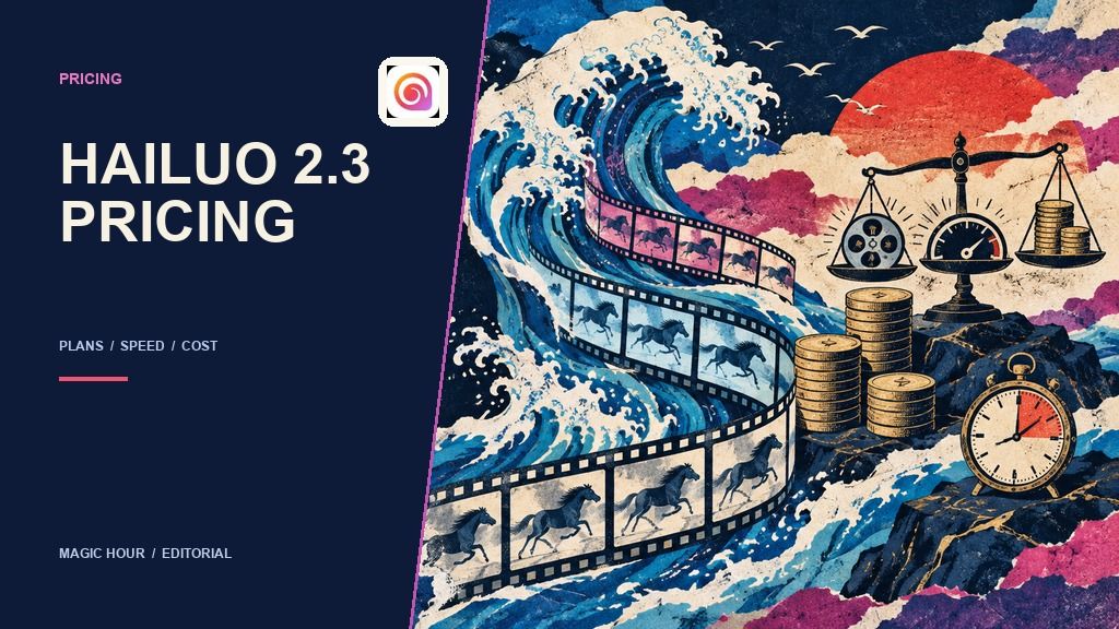 Screenprint ocean and film illustration comparing Hailuo 2.3 quality, speed, and pricing