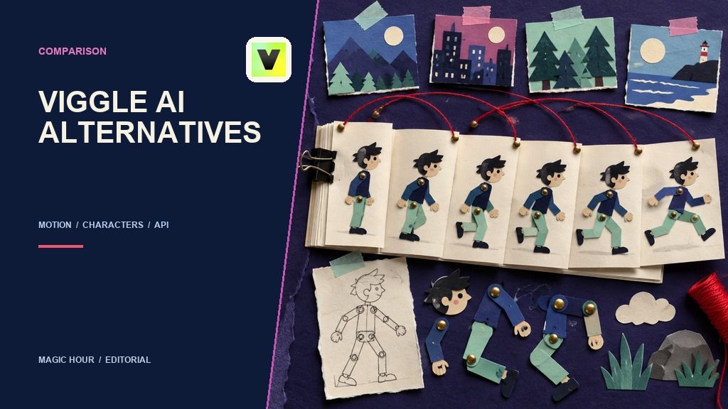 Cut-paper flipbook illustration comparing Viggle AI character animation alternatives