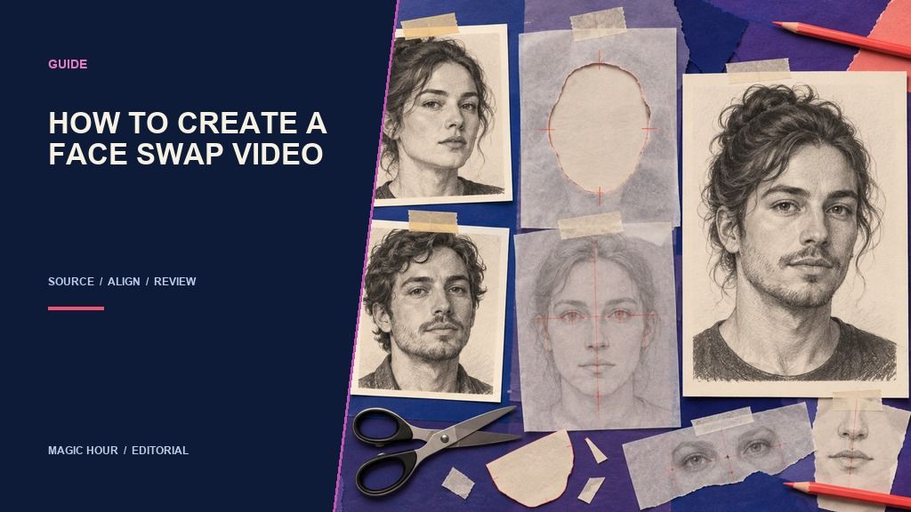Graphite storyboard showing source, alignment, and review steps for an AI face swap video