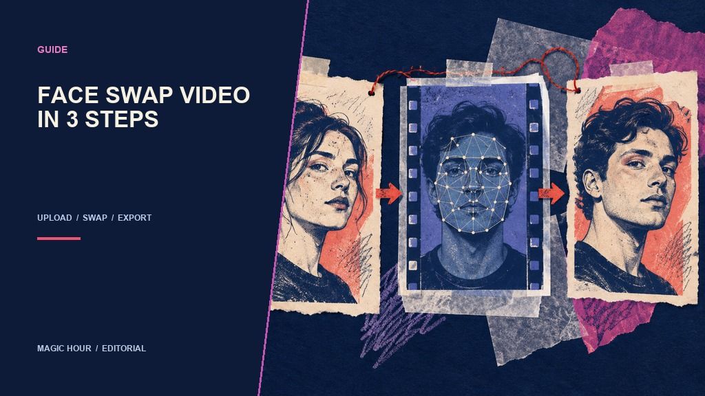 Screenprint triptych showing upload, face alignment, and export for a face swap video
