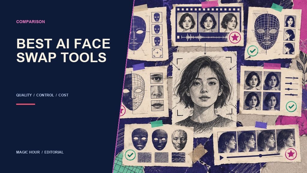 Editorial comparison board of AI face swap tools with portraits, masks, and review marks