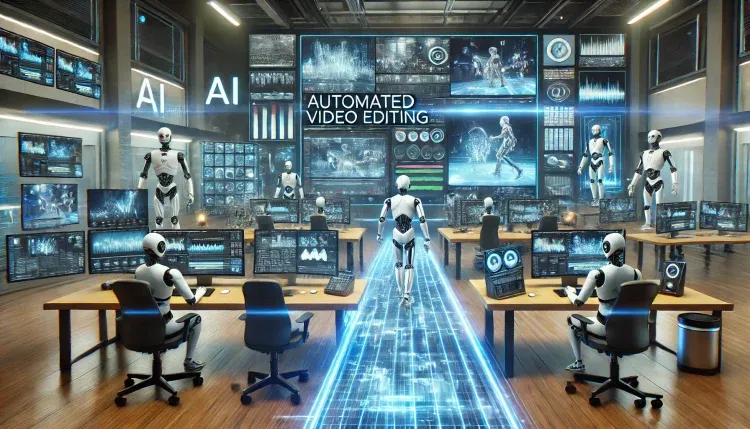 DALL·E-2024-06-22-11.19.17-An-advanced-image-depicting-automated-video-editing.-Show-a-futuristic-editing-studio-where-AI-algorithms-handle-real-time-video-edits.-Robots-and-A-e1719035460511.webp