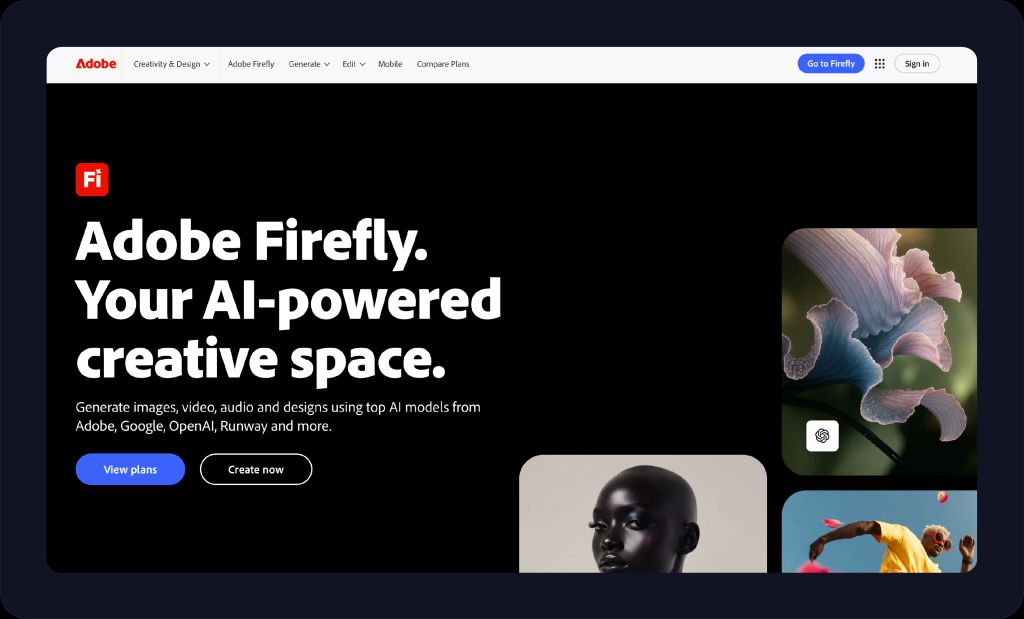 Screenshot of the Adobe Firefly homepage. 
