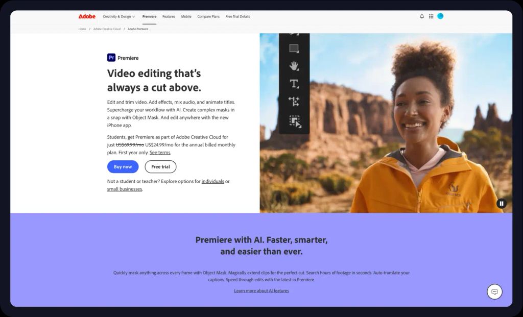 Screenshot of the Adobe Premiere Pro homepage