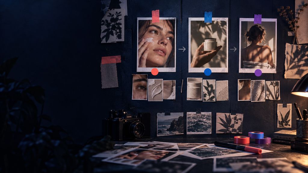 A physical creative testing wall with three different ad hooks and image compositions as printed cards, one variable changed at a time, marked with color-coded tape