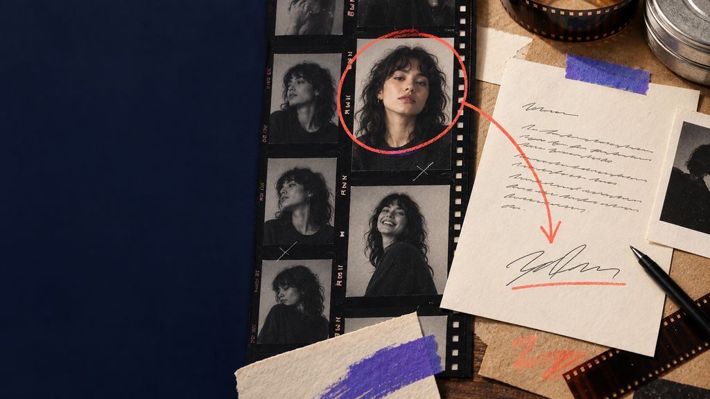 A creator portrait on a film contact sheet beside a signed release form with unreadable scribble, red annotation linking identity to permission