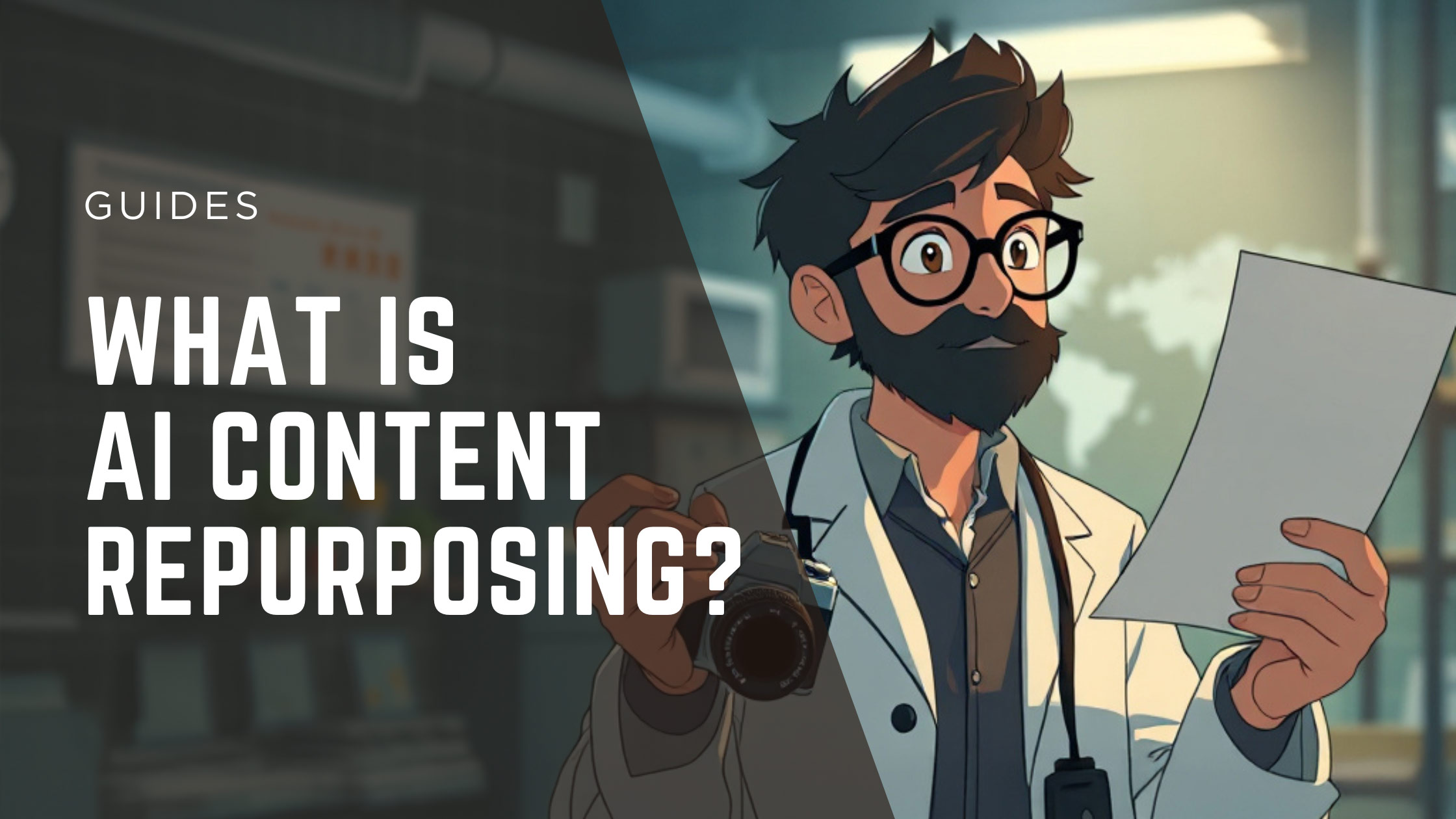 AI-generated image of a man in a lab coat holding a camera reading a report.